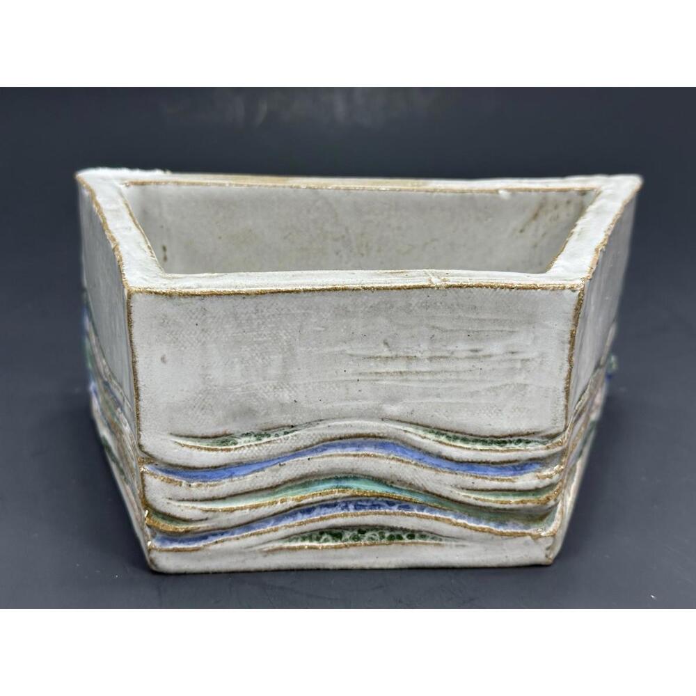 Rustic Planter Engraved Waver Blue Green Handmade Art Studio Pottery Diamond